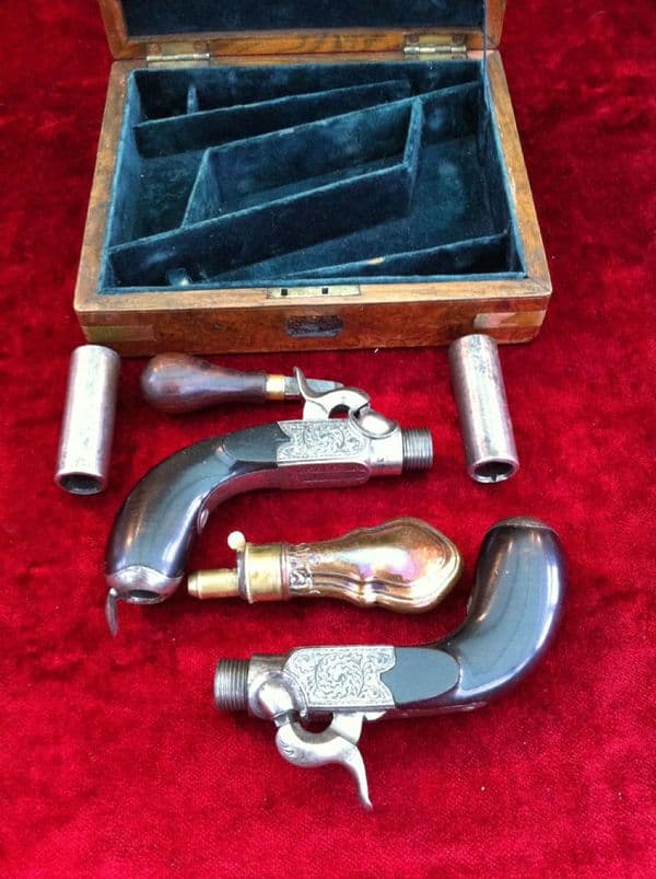 X X X  SOLD X X X   A Fine Pair of Continental Large Calibre Percussion Man-Stopper Pistols, complete in case, Circa 1840. Ref 9010.